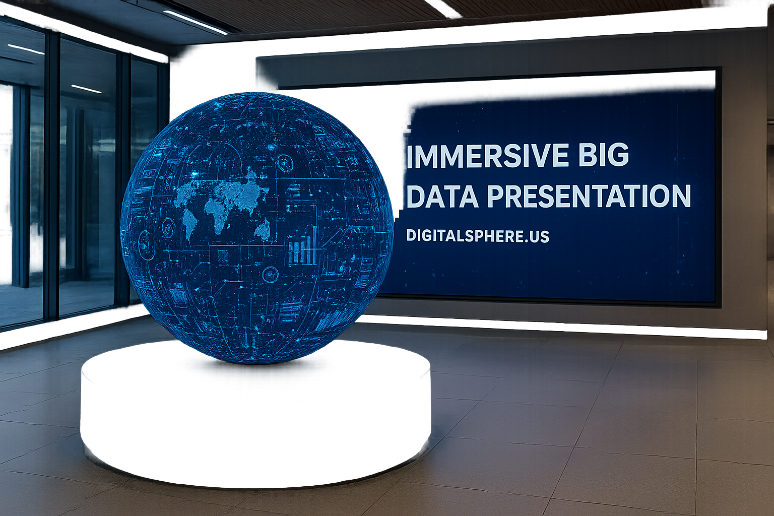 Digital sphere display showing immersive big data presentation in a modern commercial environment with DigitalSphere.us branding
