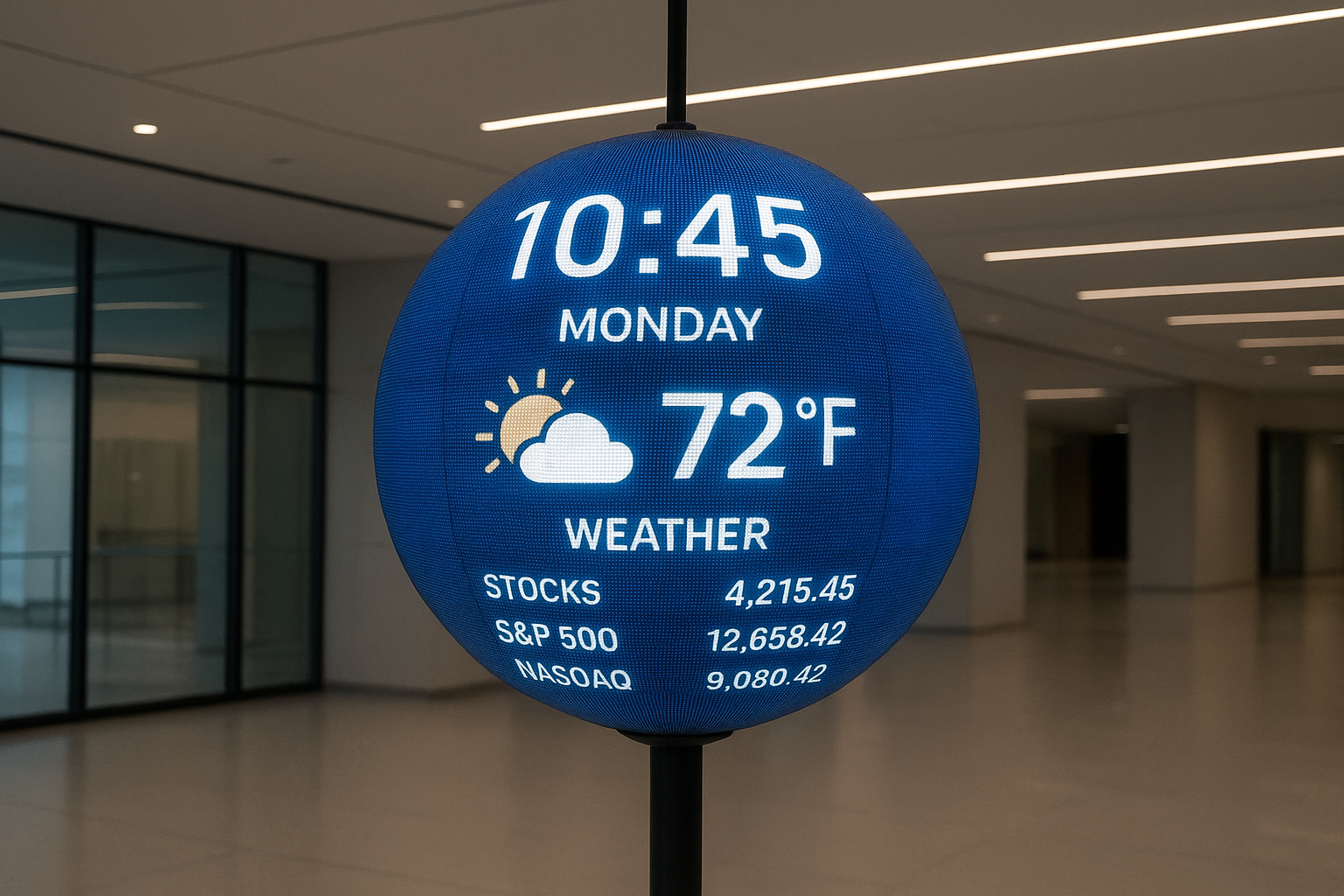 Digital sphere displaying real-time information in a modern commercial space by DigitalSphere.us