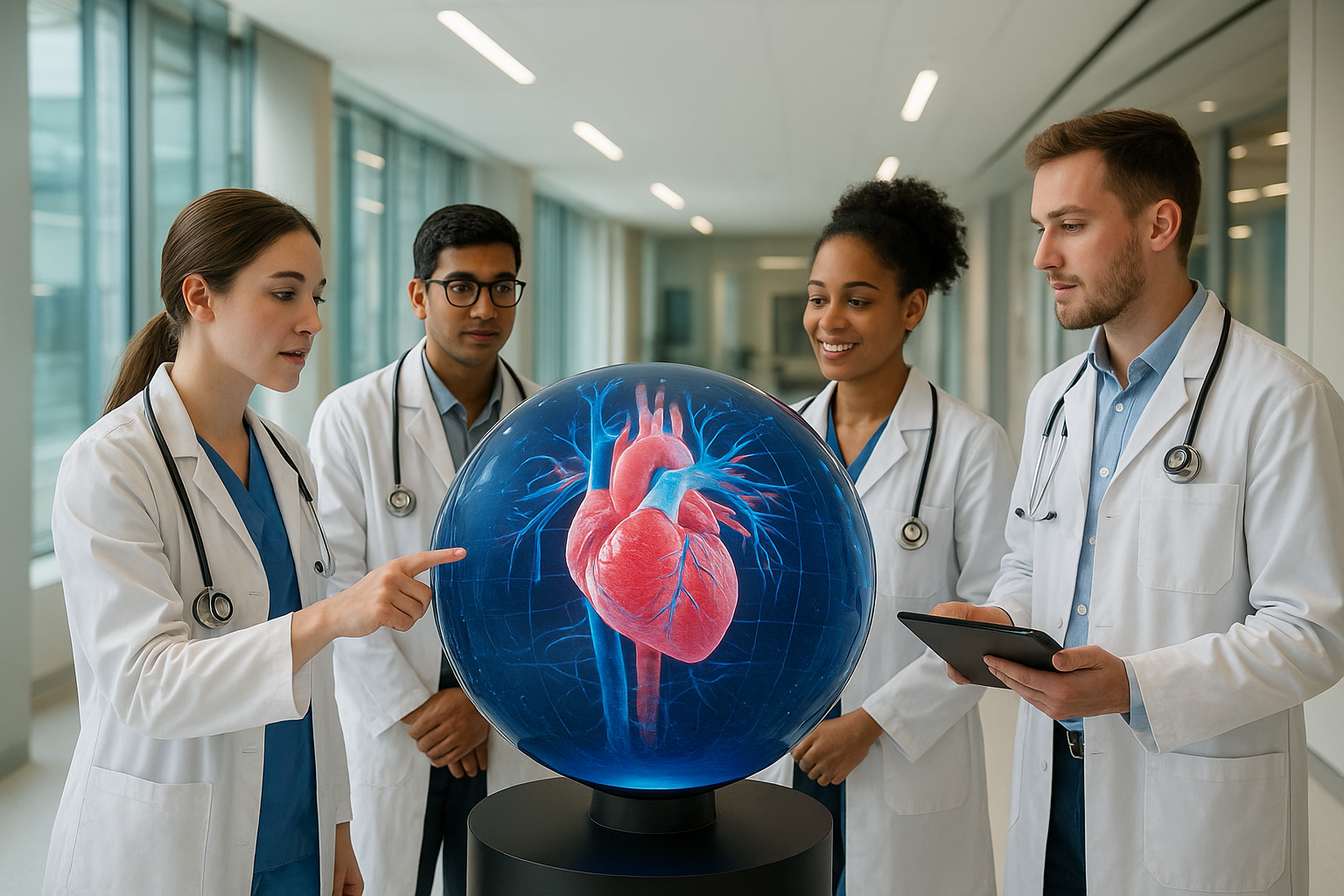 Medical students using a digital sphere for immersive training at a modern facility