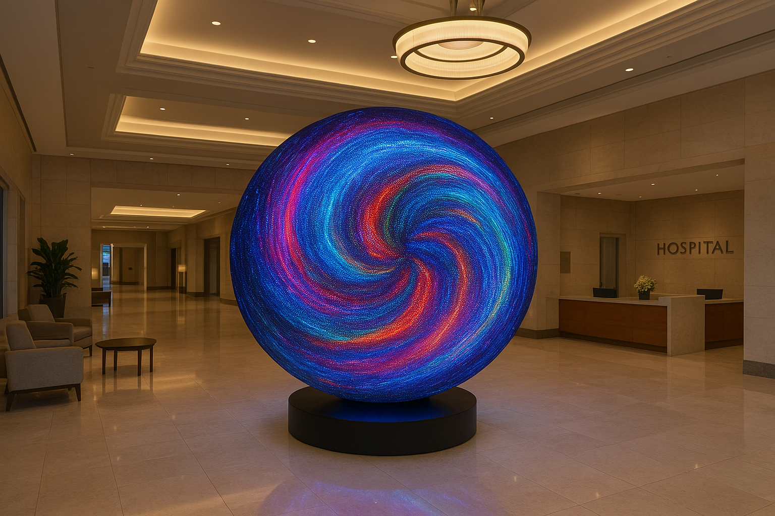 Photorealistic LED digital sphere featured in a luxurious hospital lobby by DigitalSphere.us