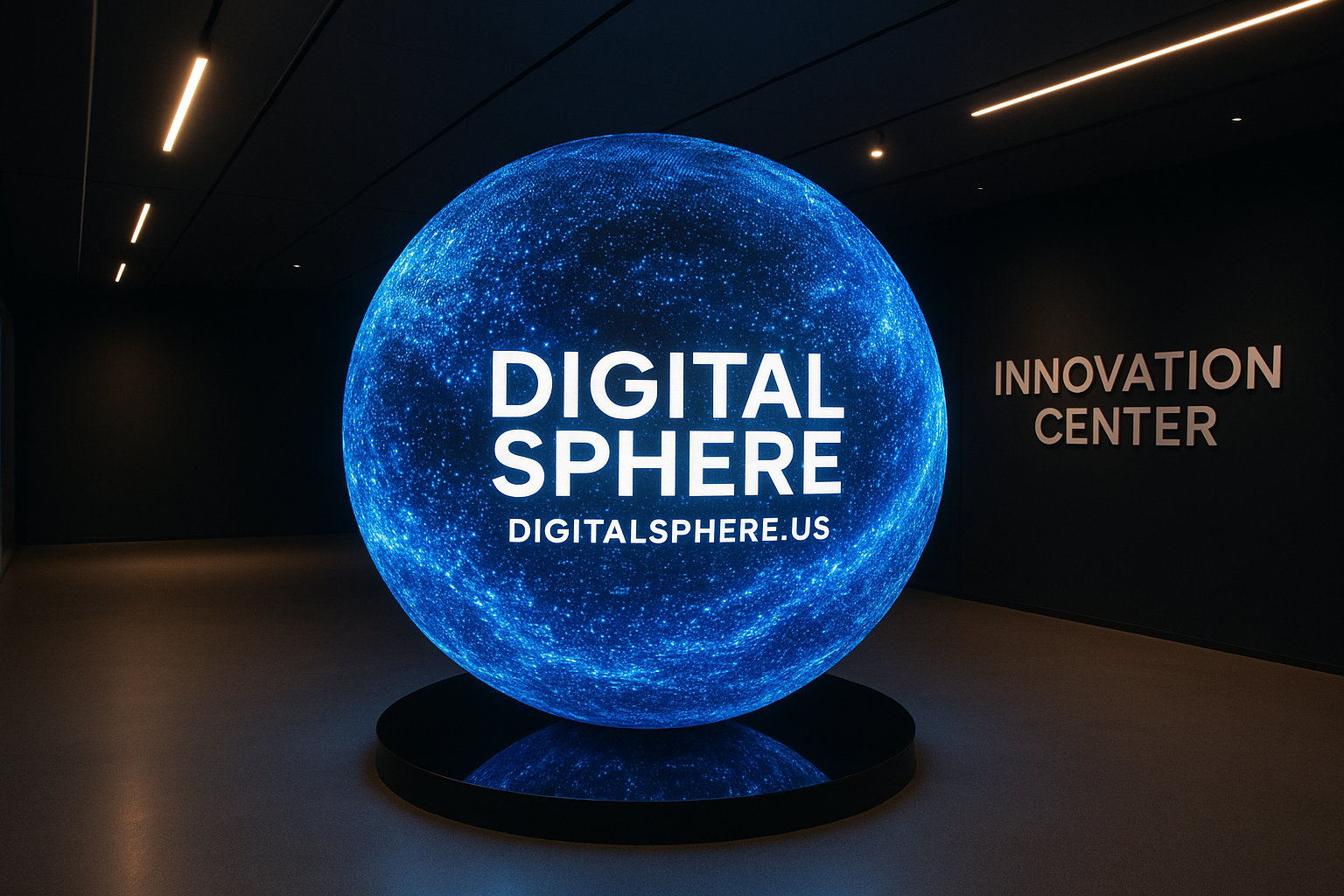 Digital sphere installation in an innovation center with premium lighting, DigitalSphere.us branding