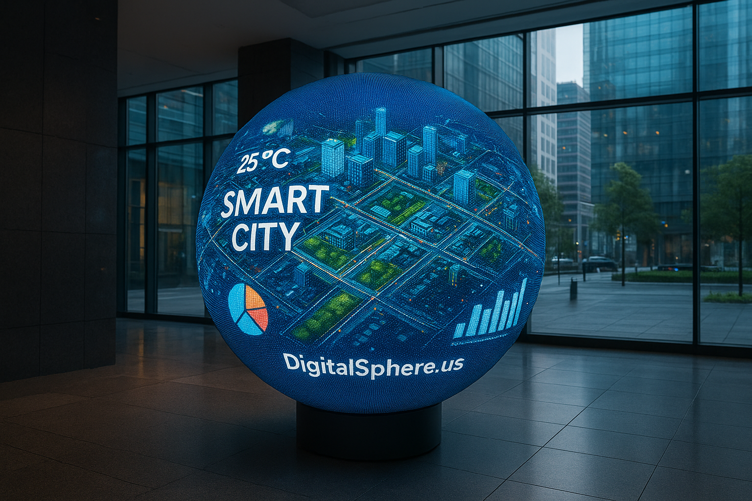 Photorealistic LED digital sphere in a smart city lobby, displaying interactive urban data, with DigitalSphere.us branding