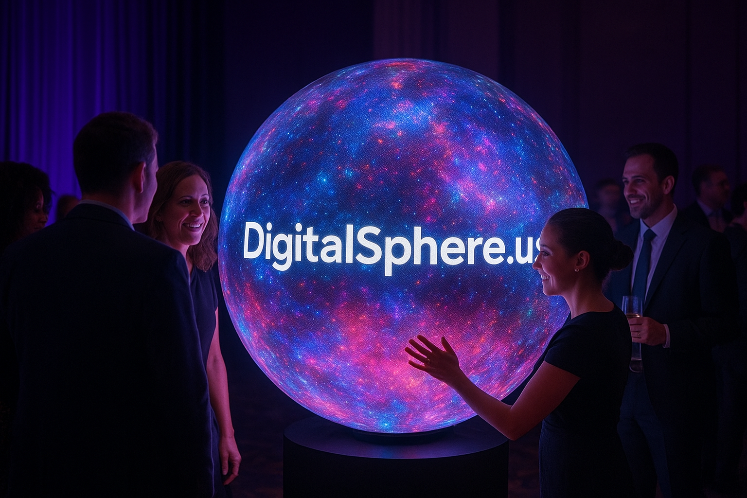 Digital sphere rental installation at fundraiser event with guests interacting around LED display featuring DigitalSphere.us branding