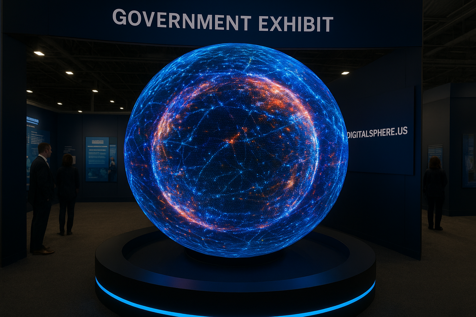 Immersive digital sphere display at a government exhibit, featuring dynamic LED visuals and DigitalSphere.us branding