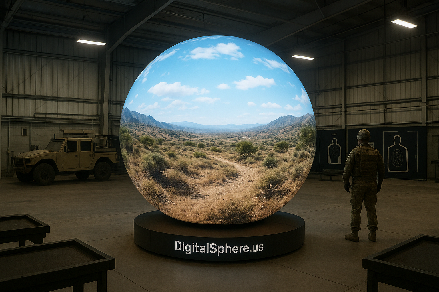 Digital sphere installation in military training facility with immersive content display by DigitalSphere.us