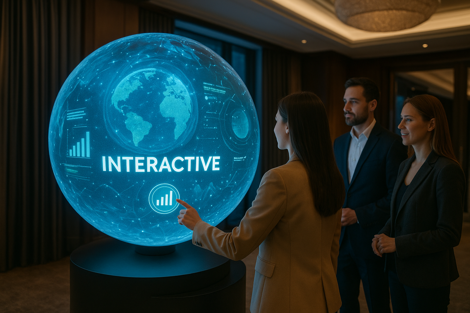 Immersive commercial digital sphere display enhancing visitor engagement with interactive content in a premium setting