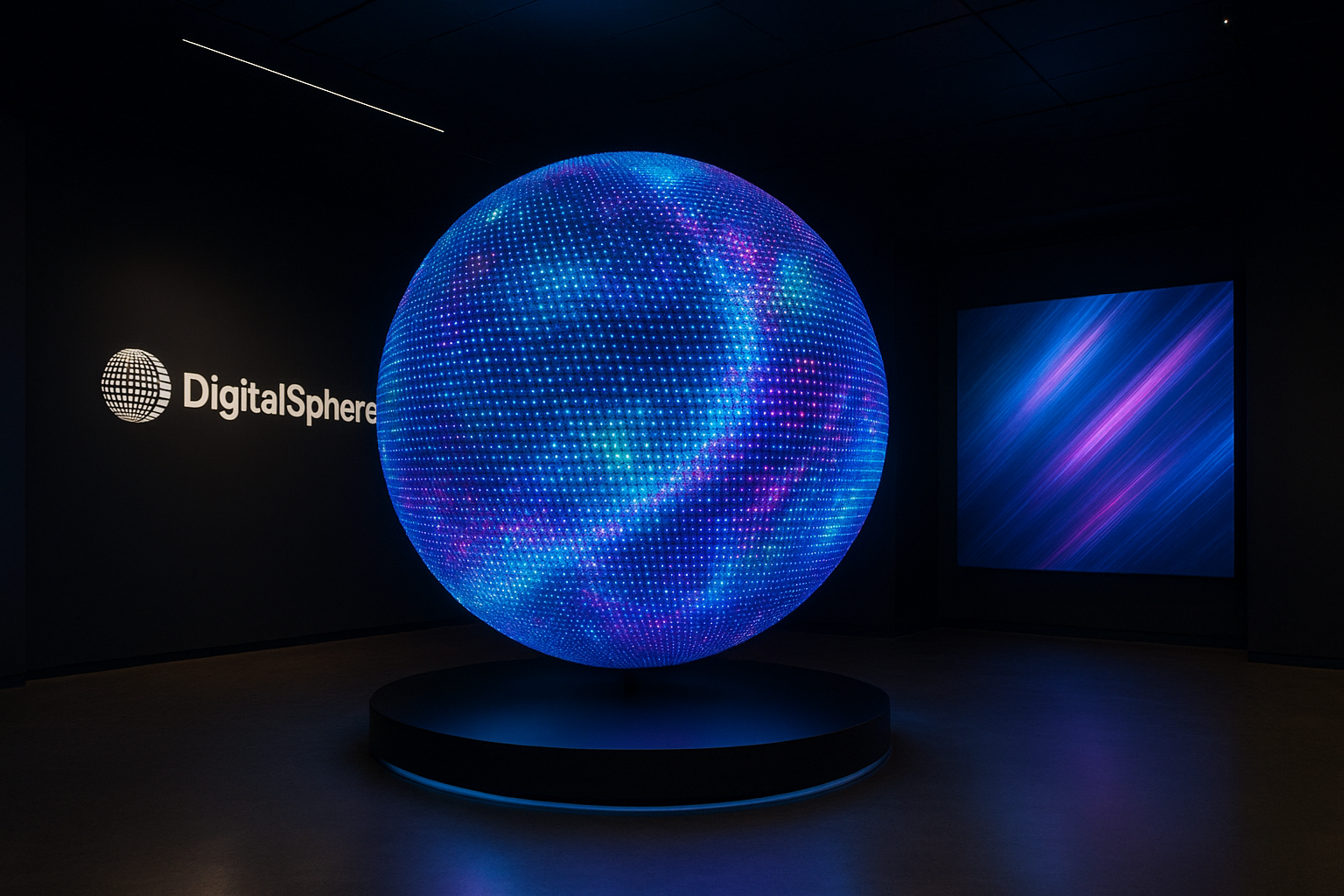 Modern interactive LED digital sphere in a premium exhibition environment featuring DigitalSphere.us branding.