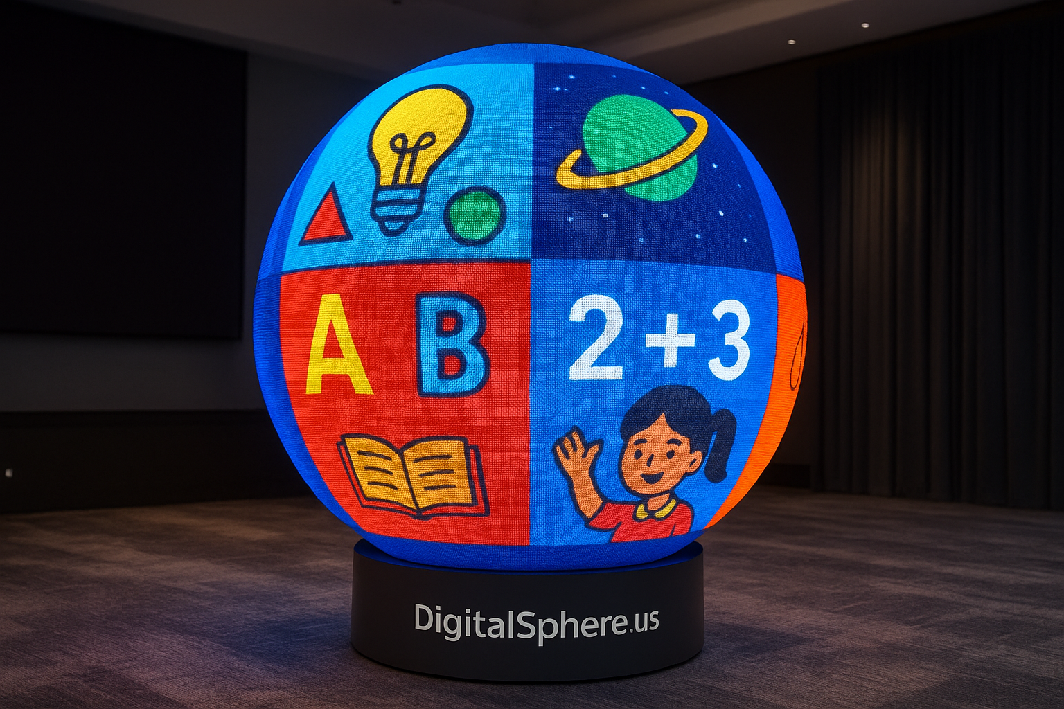 Commercial LED digital sphere display showing vibrant educational and interactive content in a premium event space, featuring subtle DigitalSphere.us branding