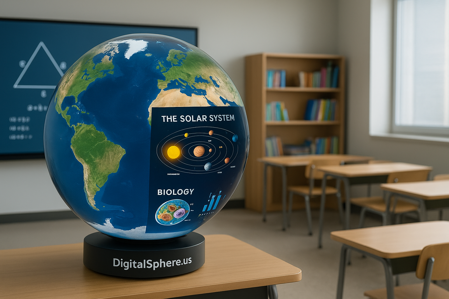 Photorealistic digital sphere display in a modern educational environment with interactive educational content, branded by DigitalSphere.us