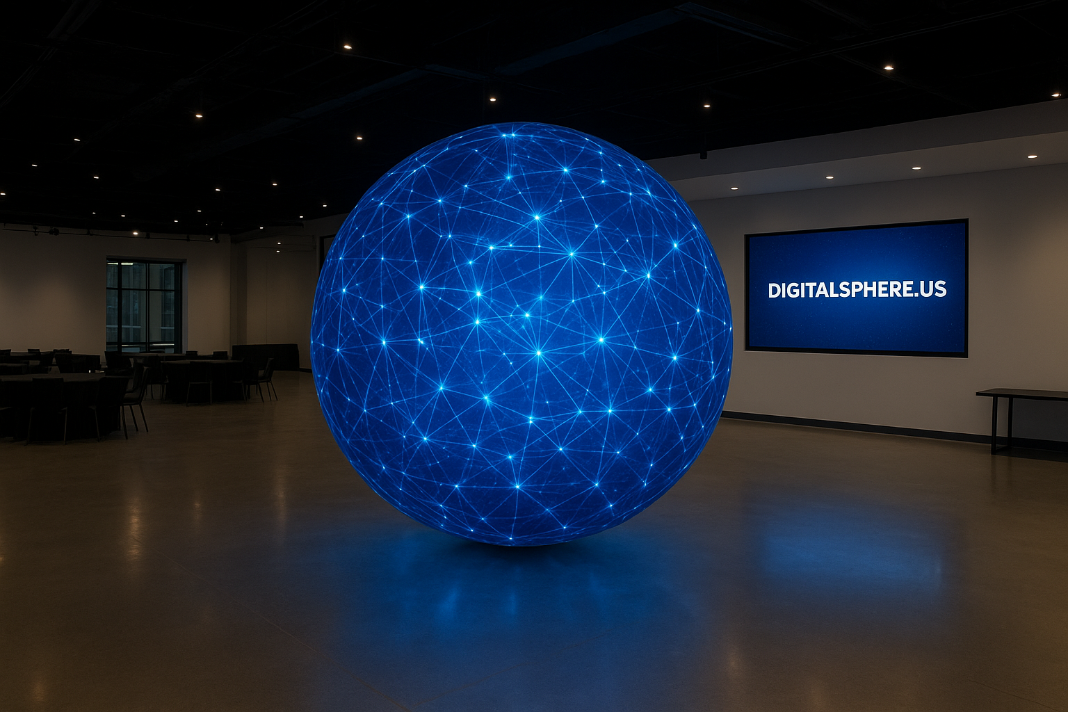 Commercial event space with a large interactive digital sphere rental by DigitalSphere.us