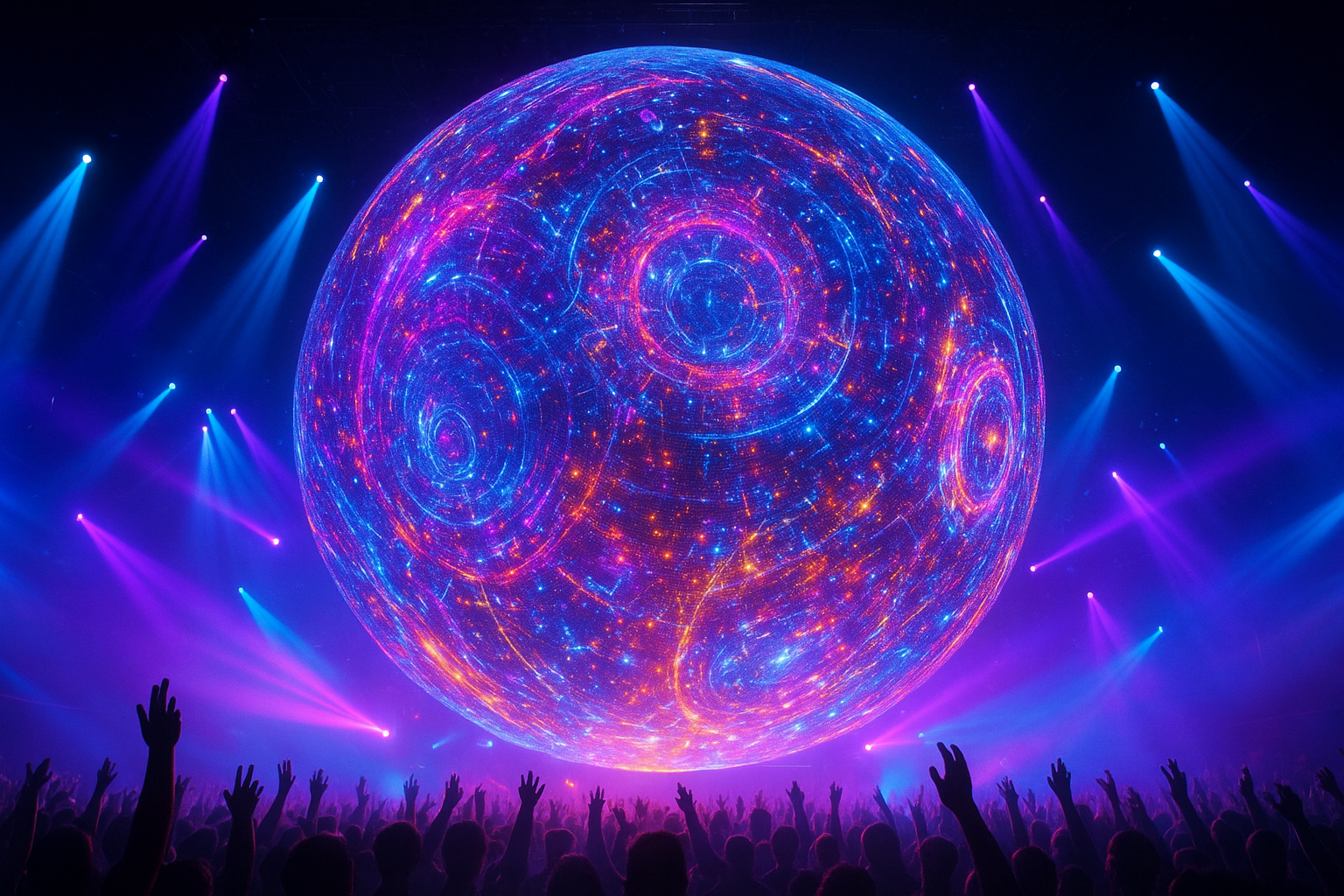 Immersive digital sphere display at a concert venue with vibrant LED visuals and interactive features