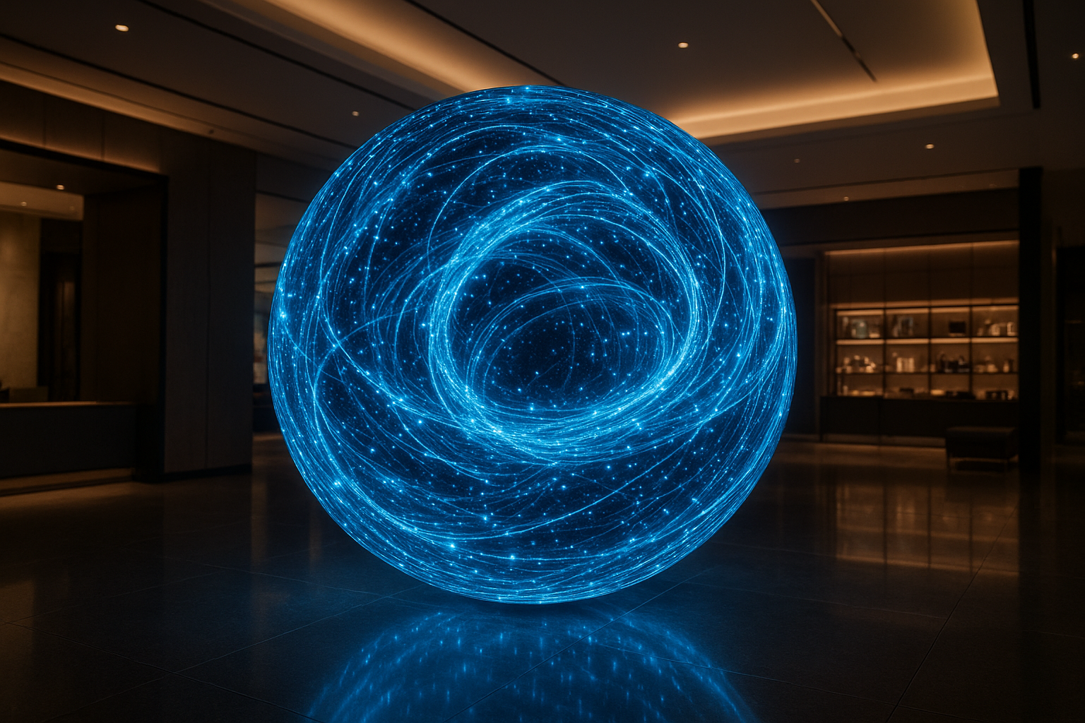Immersive digital sphere with dynamic animation in a premium commercial setting
