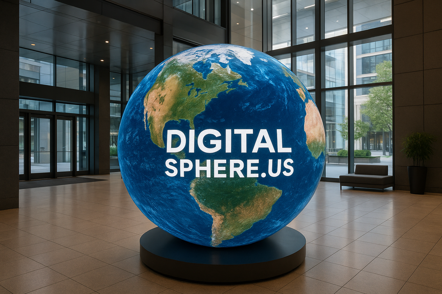 Photorealistic digital sphere display in a modern commercial environment by DigitalSphere.us