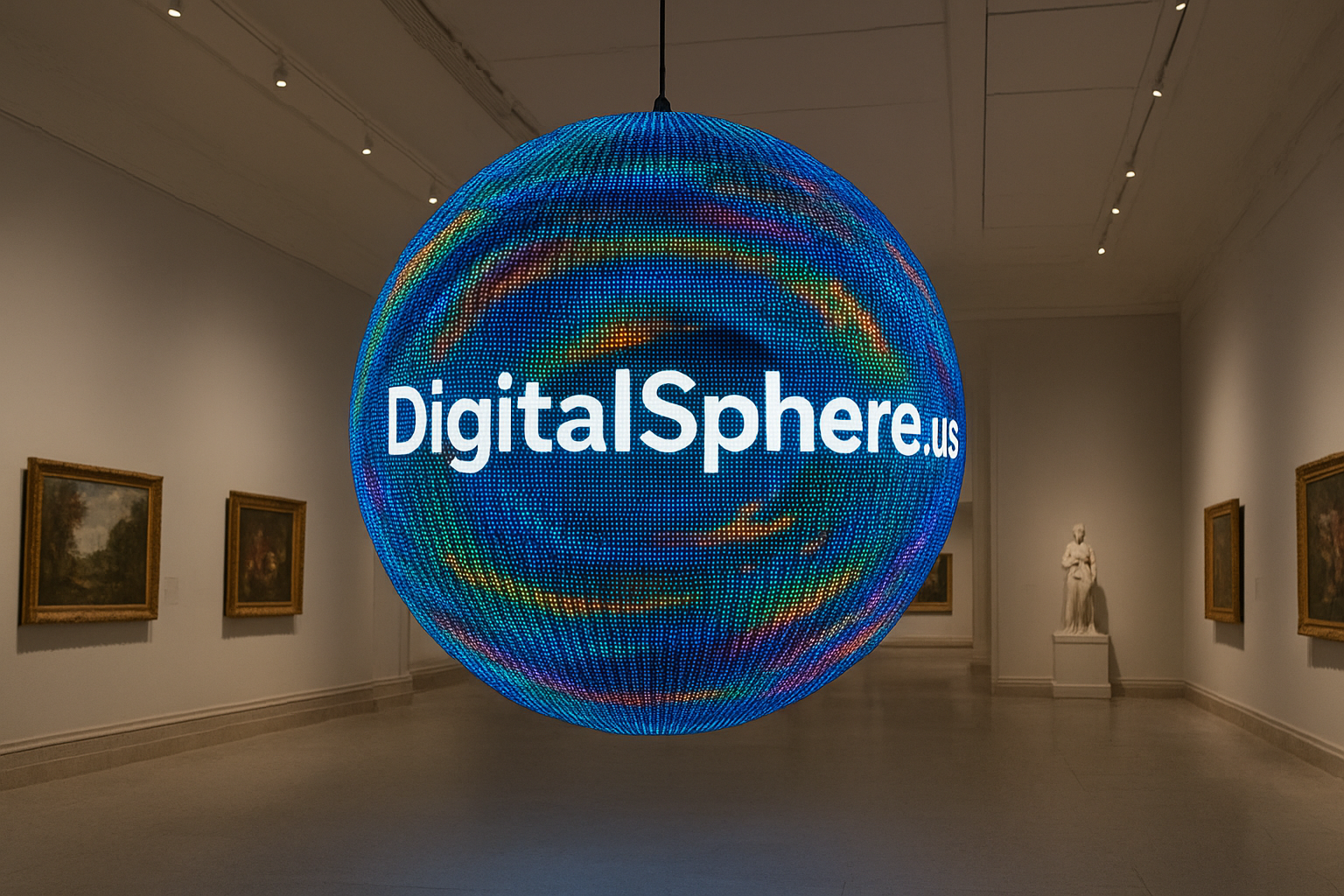 Commercial installation of an LED digital sphere with DigitalSphere.us branding in a museum environment