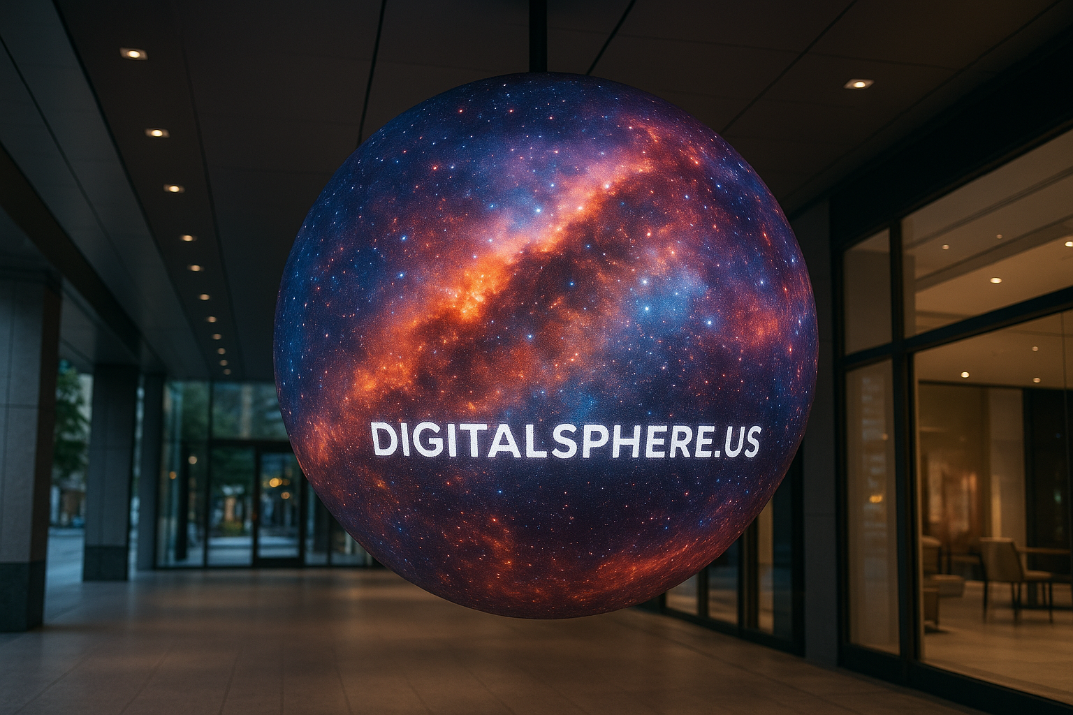 LED digital sphere display showcasing high resolution visuals in a modern commercial environment with DigitalSphere.us branding