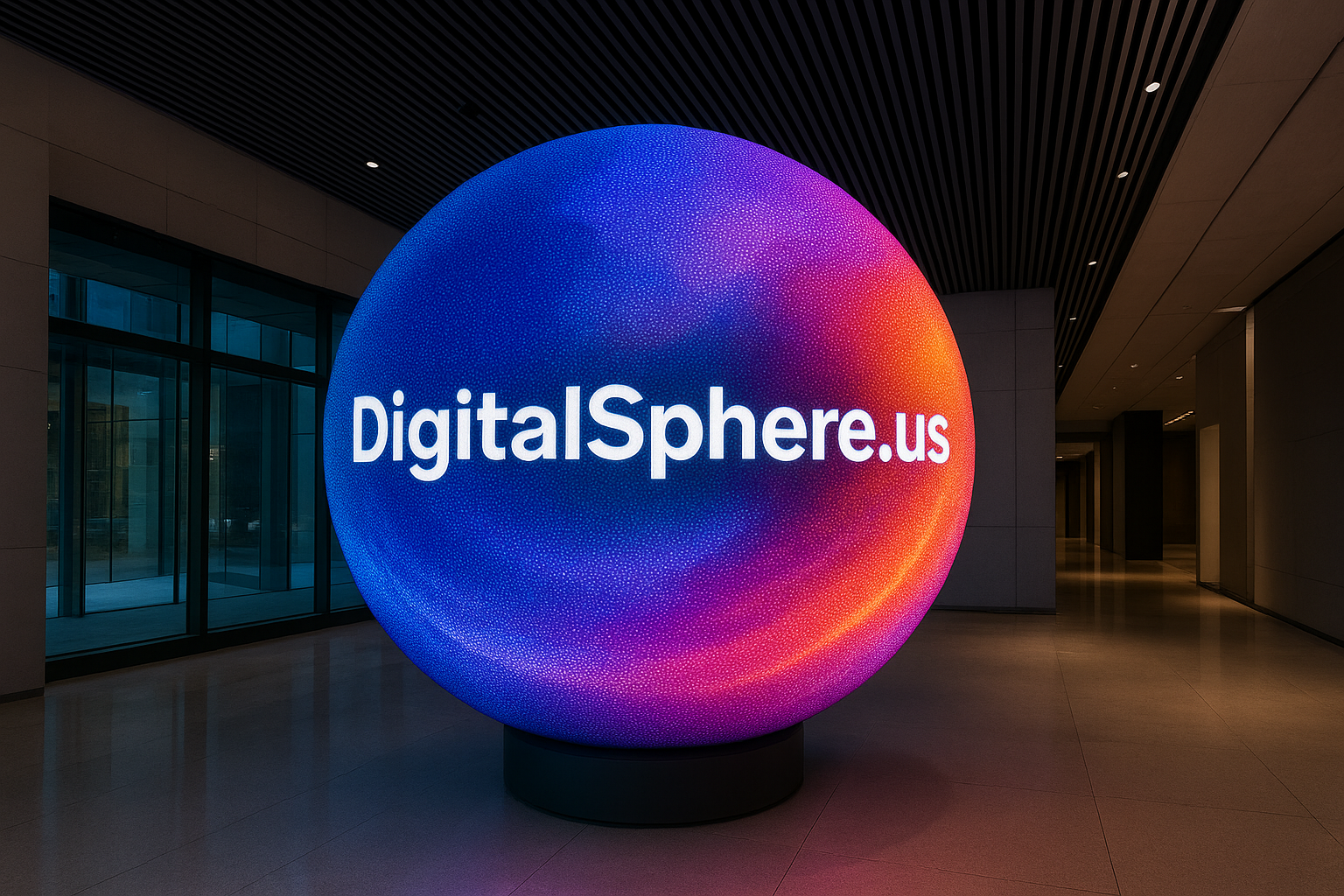 LED digital sphere display showcasing fine pixel pitch in a modern commercial space with DigitalSphere.us branding