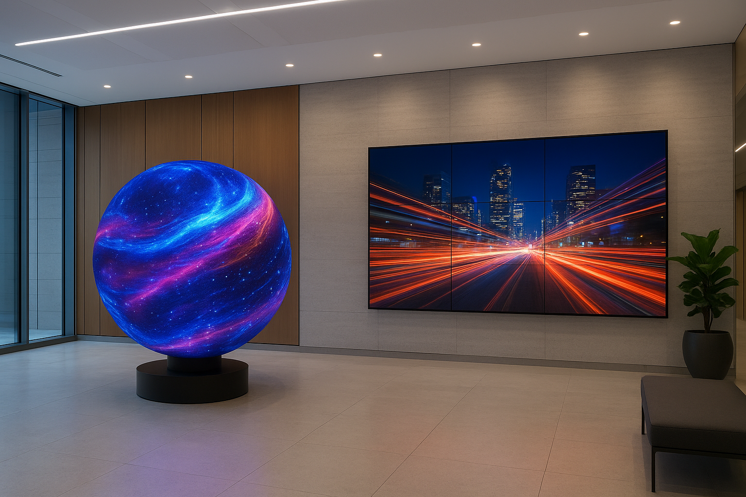 Modern lobby featuring a DigitalSphere.us LED sphere display alongside a traditional video wall, both showcasing dynamic media.