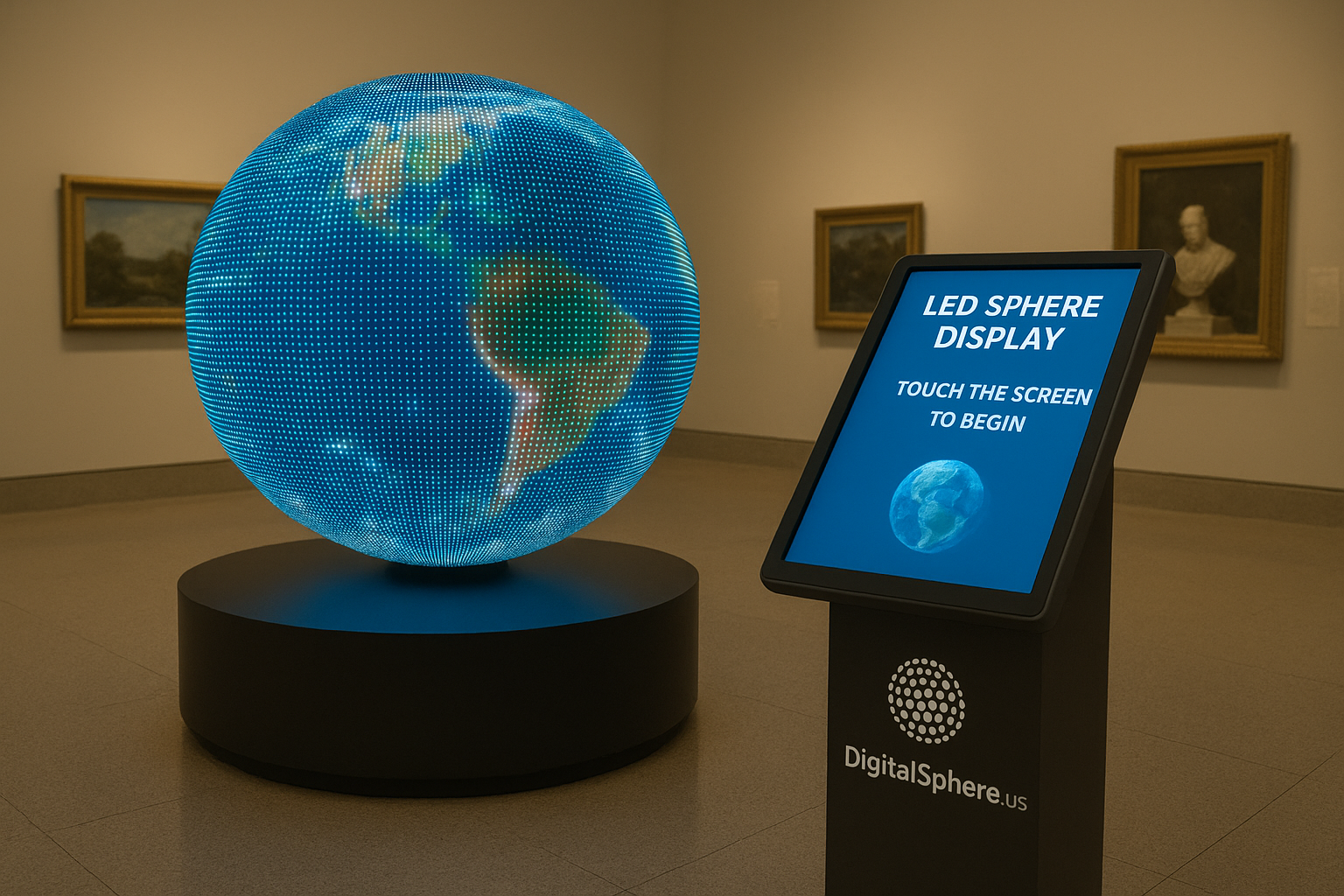 LED sphere display in a museum setting versus interactive kiosk, DigitalSphere.us branding