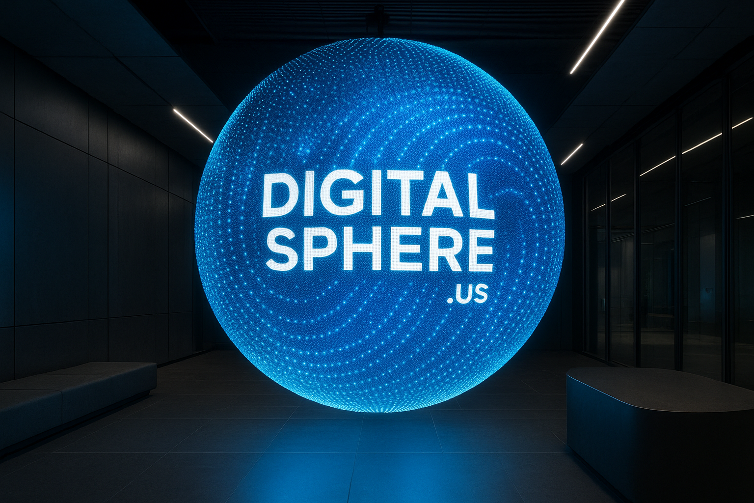 A commercial installation of a digital LED sphere display branded by DigitalSphere.us, illuminating a high-tech premium space.