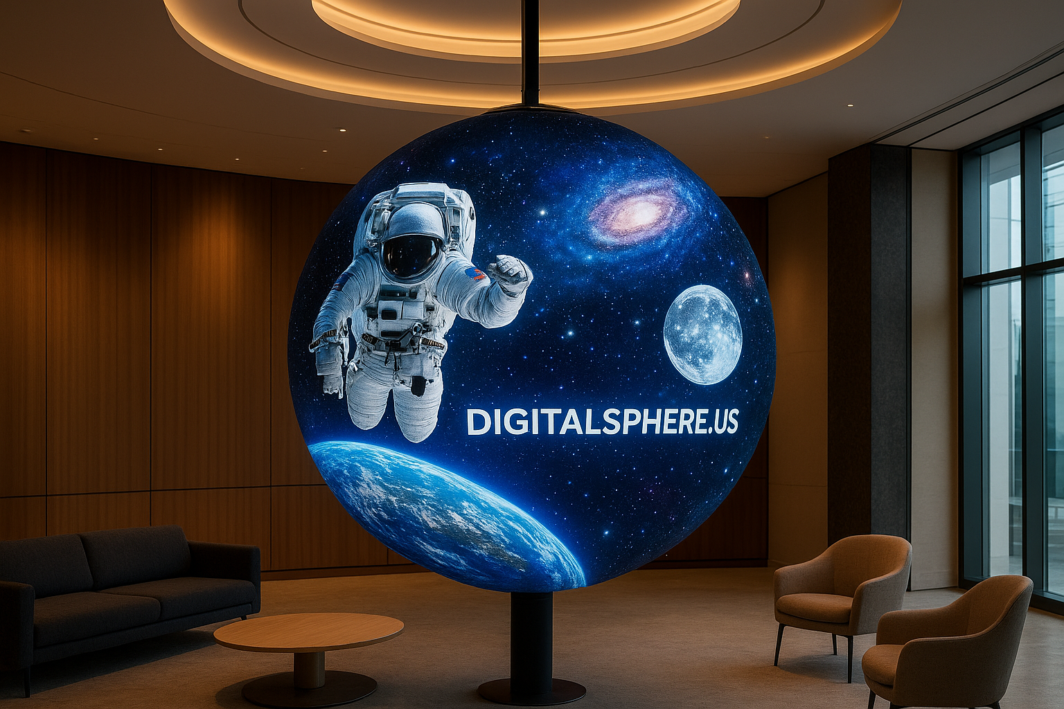 Commercial installation of a DigitalSphere.us LED sphere display showcasing immersive educational content in a premium environment