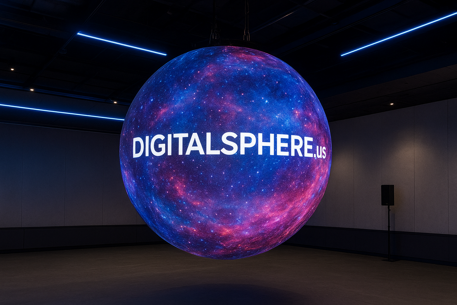 A commercial installation of a premium LED digital sphere display with DigitalSphere.us branding in a modern event space.