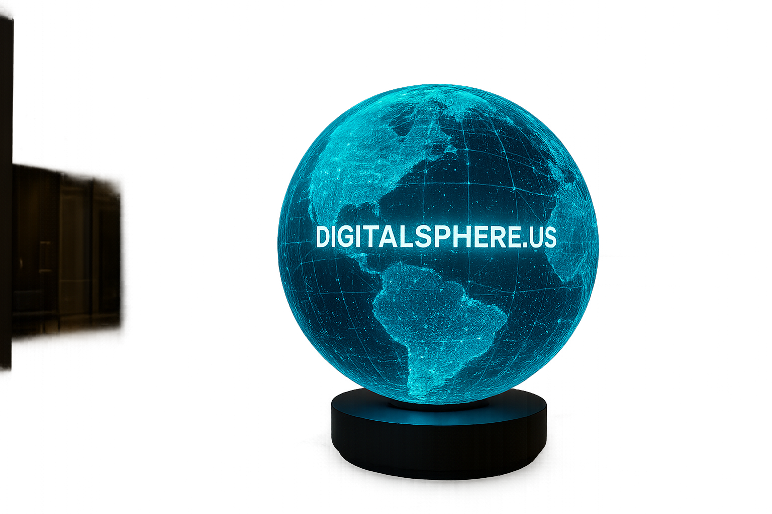Modern digital sphere display in a premium commercial environment with DigitalSphere.us branding