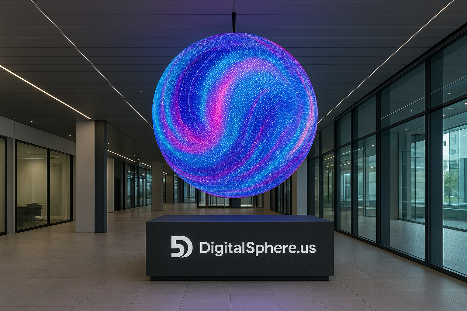 Modern commercial space featuring a premium LED digital sphere installation with subtle DigitalSphere.us branding.