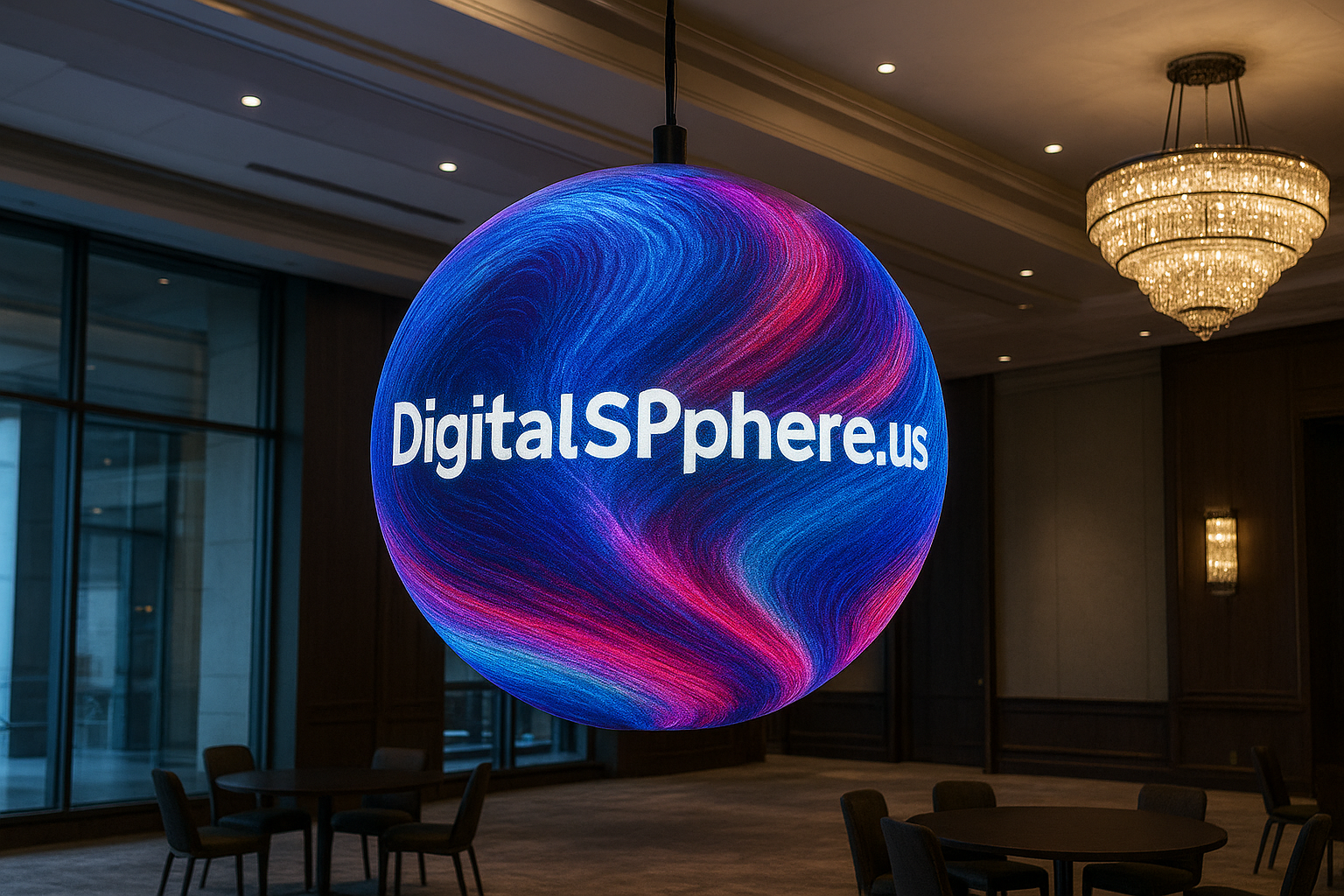 Photorealistic commercial installation of a digital sphere LED display in a premium event space with DigitalSphere.us branding.