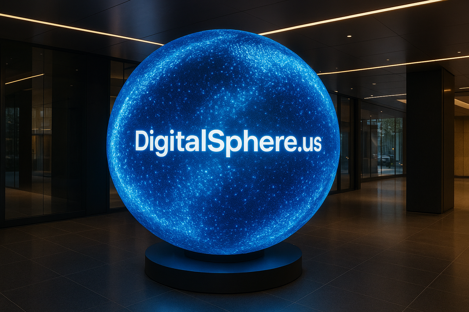 Photorealistic AI-powered digital sphere interactive LED display in a premium commercial installation with DigitalSphere.us branding