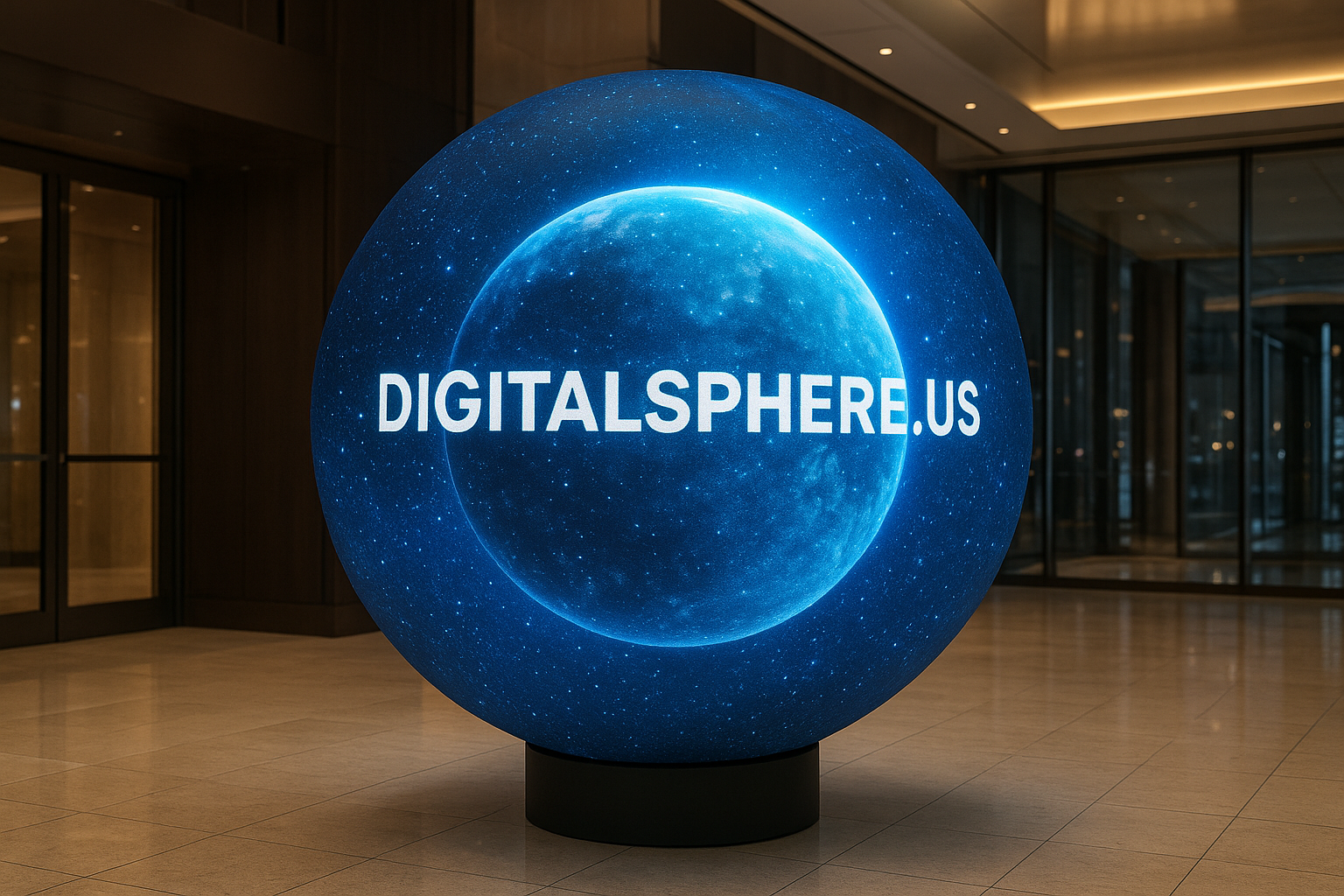 Photorealistic LED sphere in premium commercial environment showing digital content with DigitalSphere.us branding