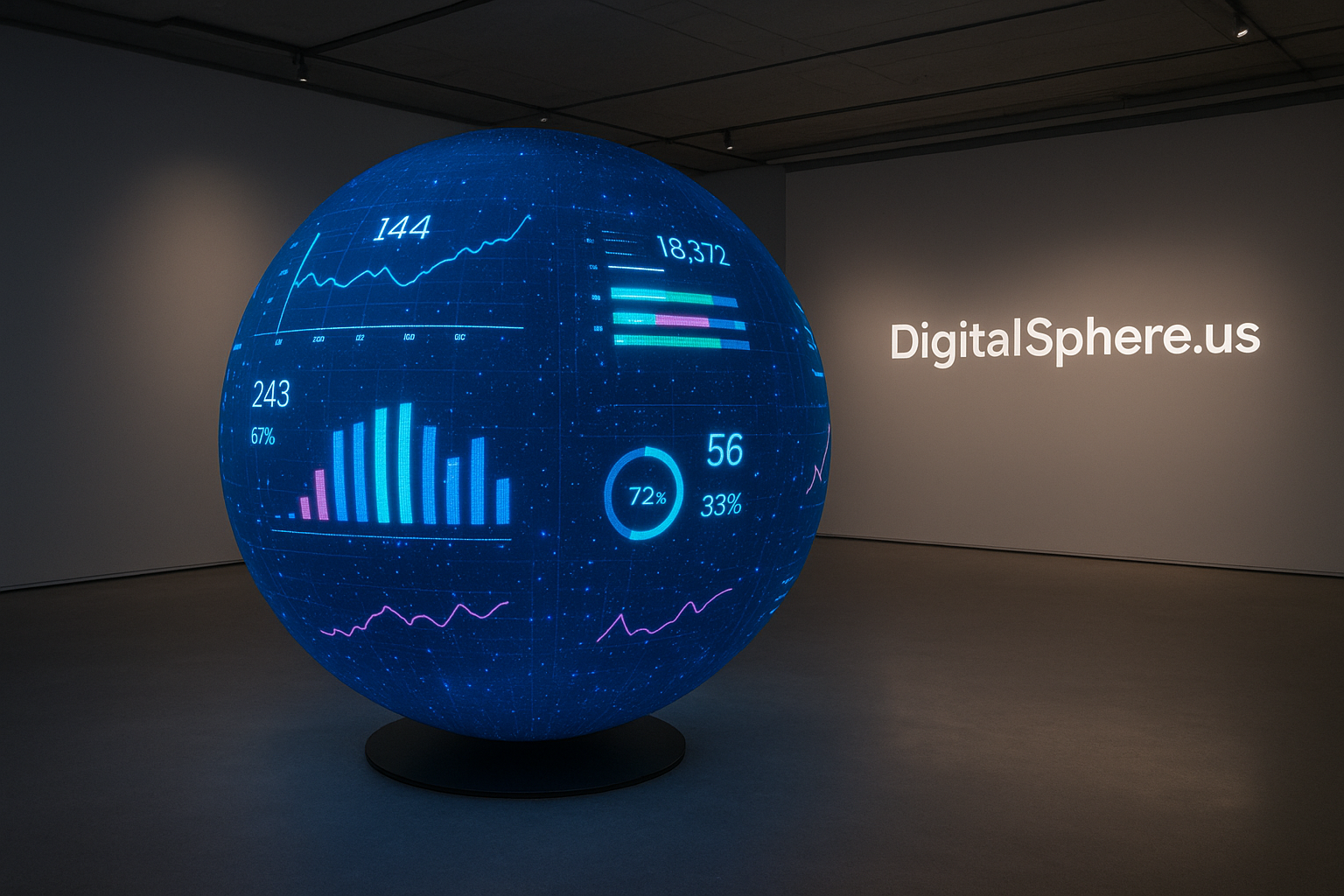 Photorealistic digital sphere installation displaying real-time data in a modern exhibition space with DigitalSphere.us branding