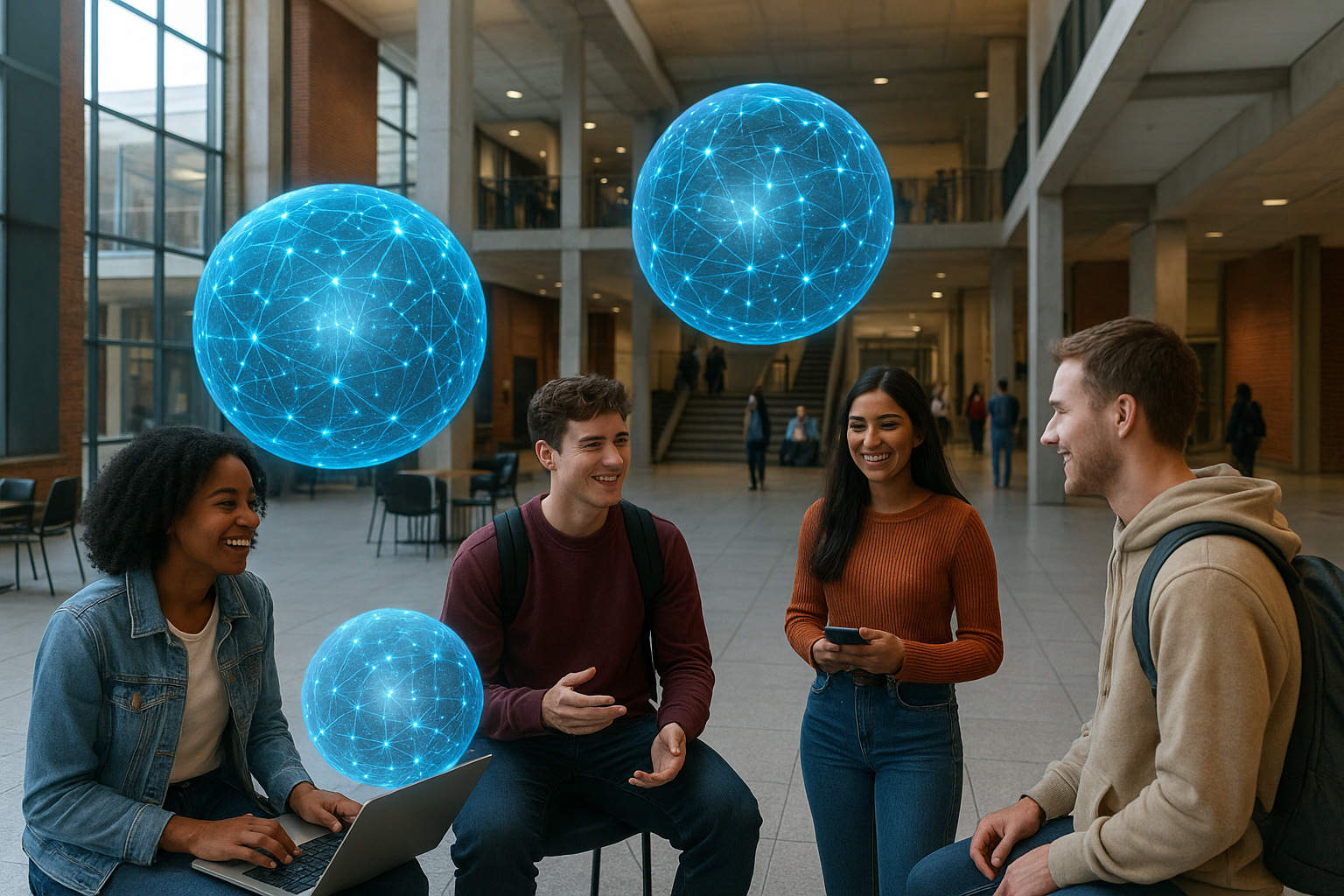 Digital Spheres for Smart Campuses in a university atrium with students interacting