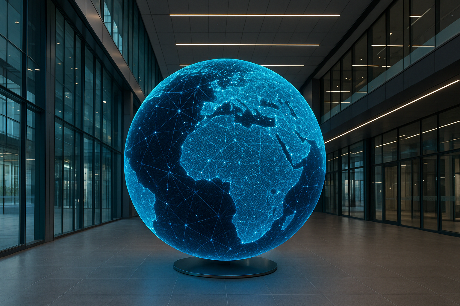 Photorealistic digital sphere installation in a modern smart building by DigitalSphere.us