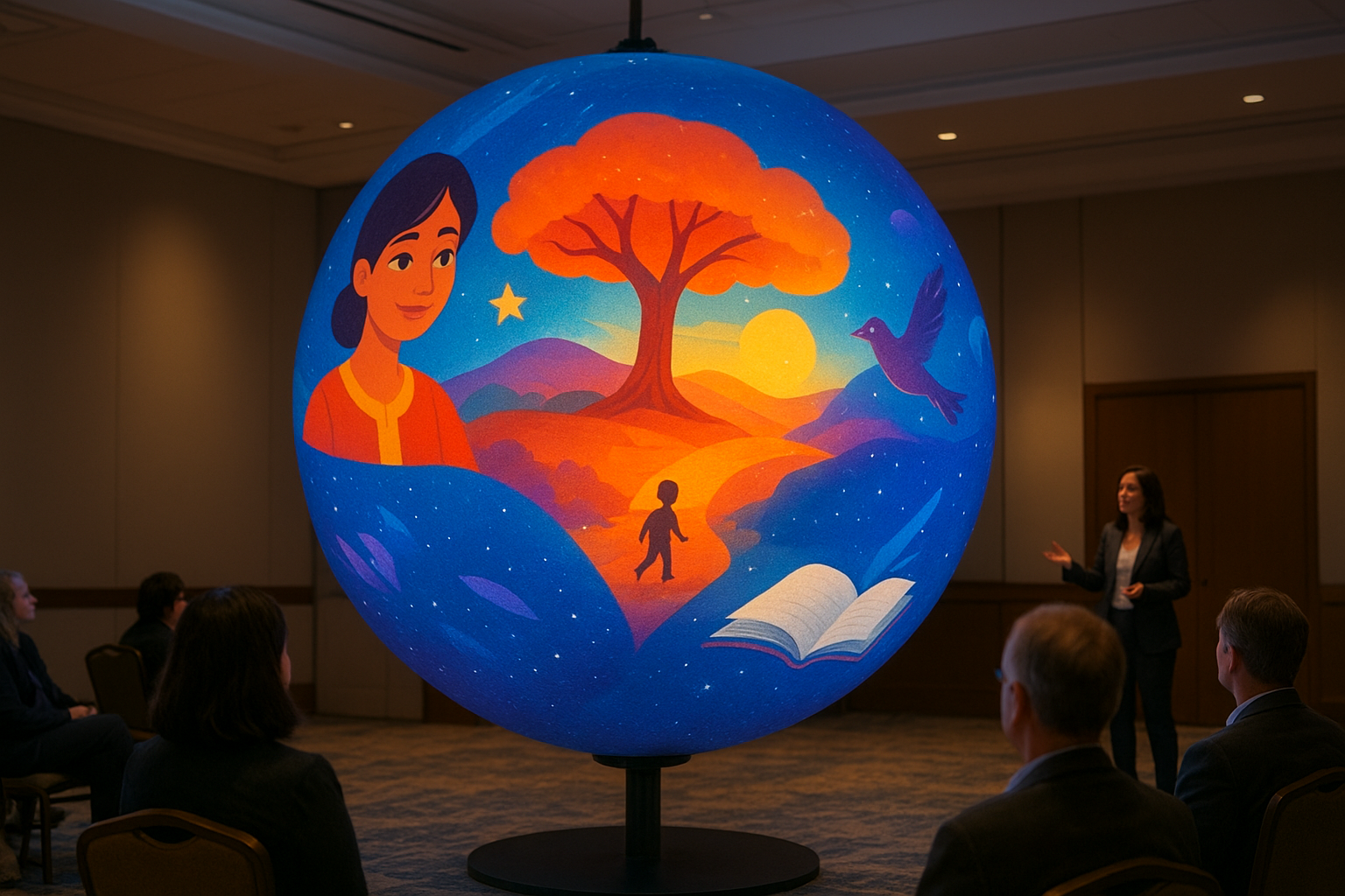 Digital Sphere installation showing vibrant storytelling content in a premium event or educational environment