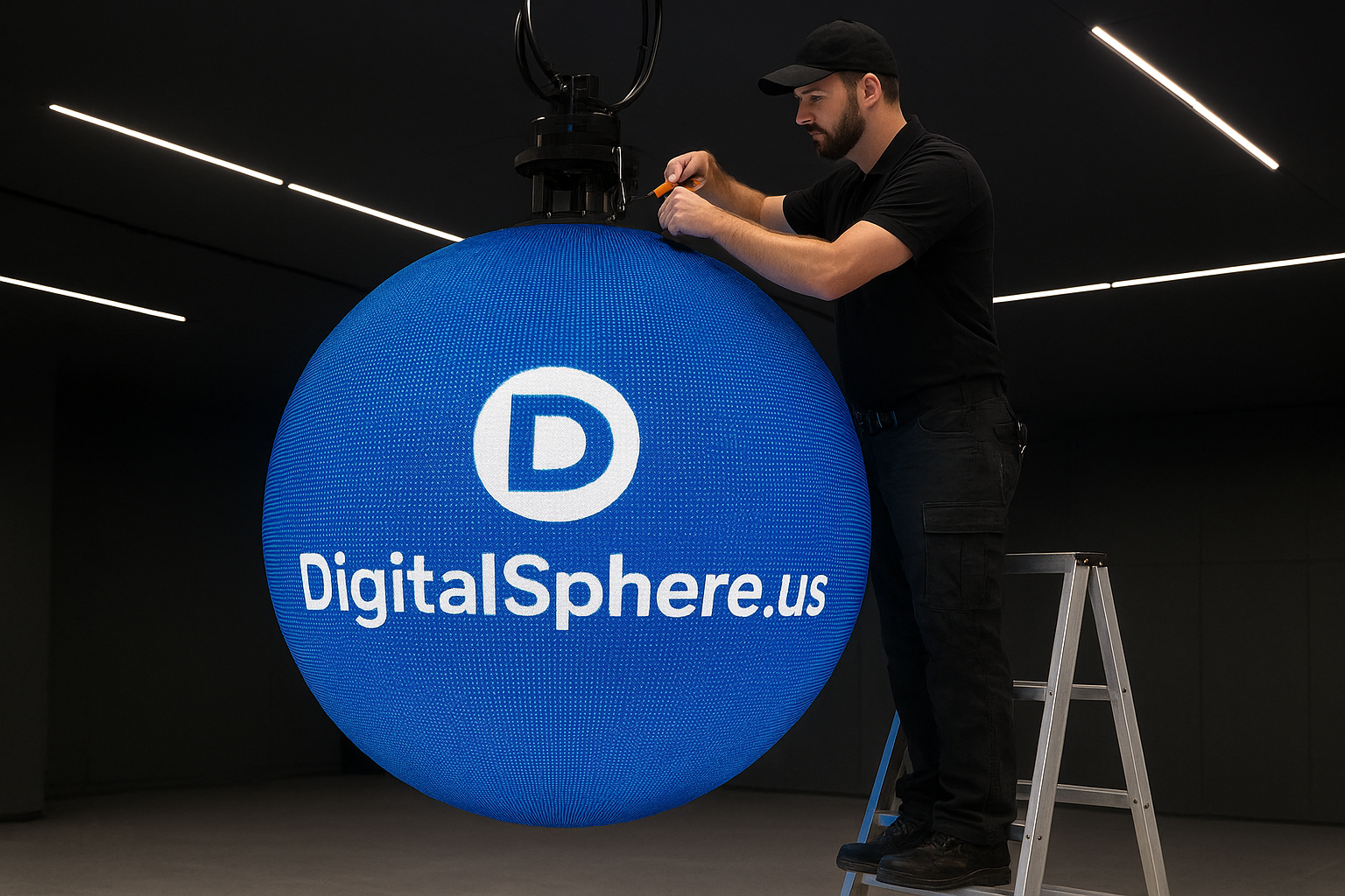 Technician performing maintenance on a DigitalSphere.us branded LED sphere in a modern installation