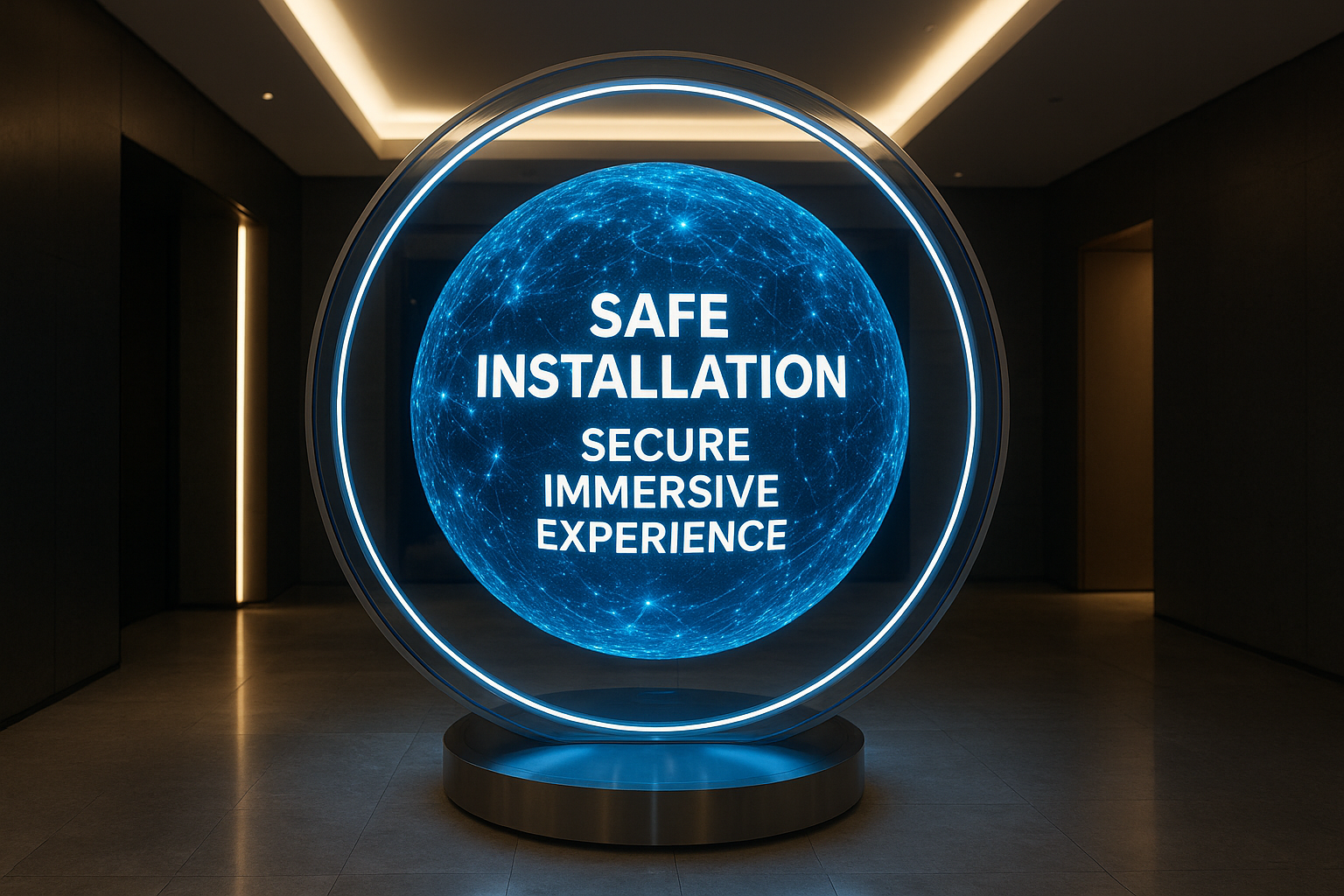 Commercial digital sphere display in a premium space demonstrating safe installation and secure immersive experience