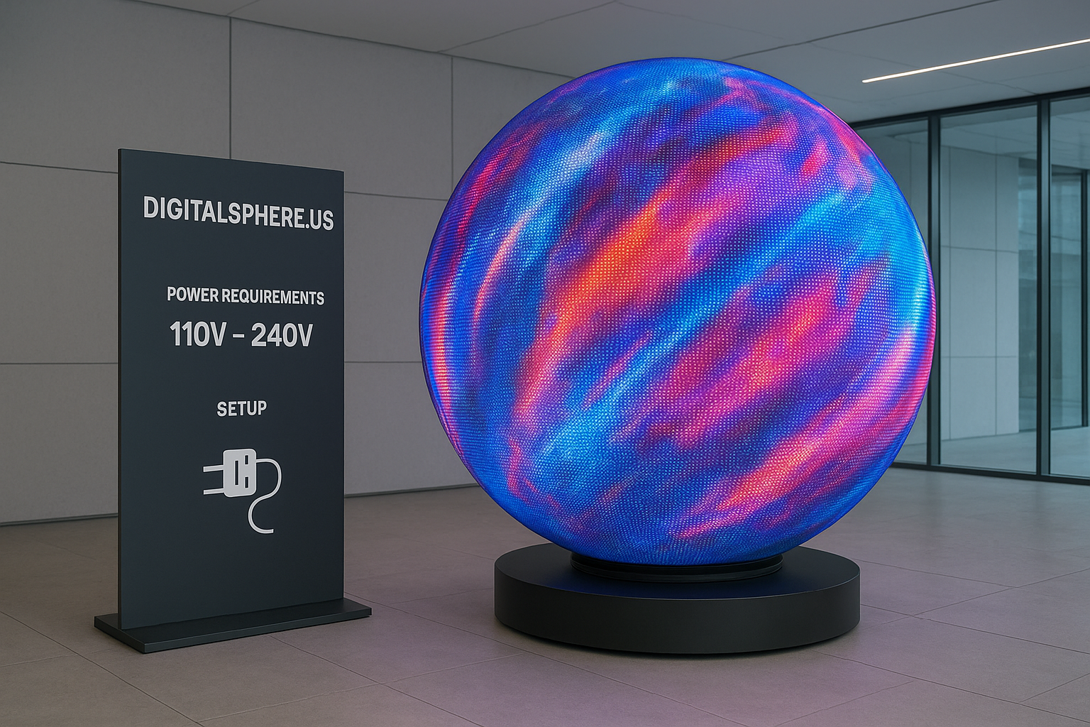 Commercial Digital Sphere display installation showing LED Sphere in a modern space, emphasizing power requirements and setup with DigitalSphere.us branding.