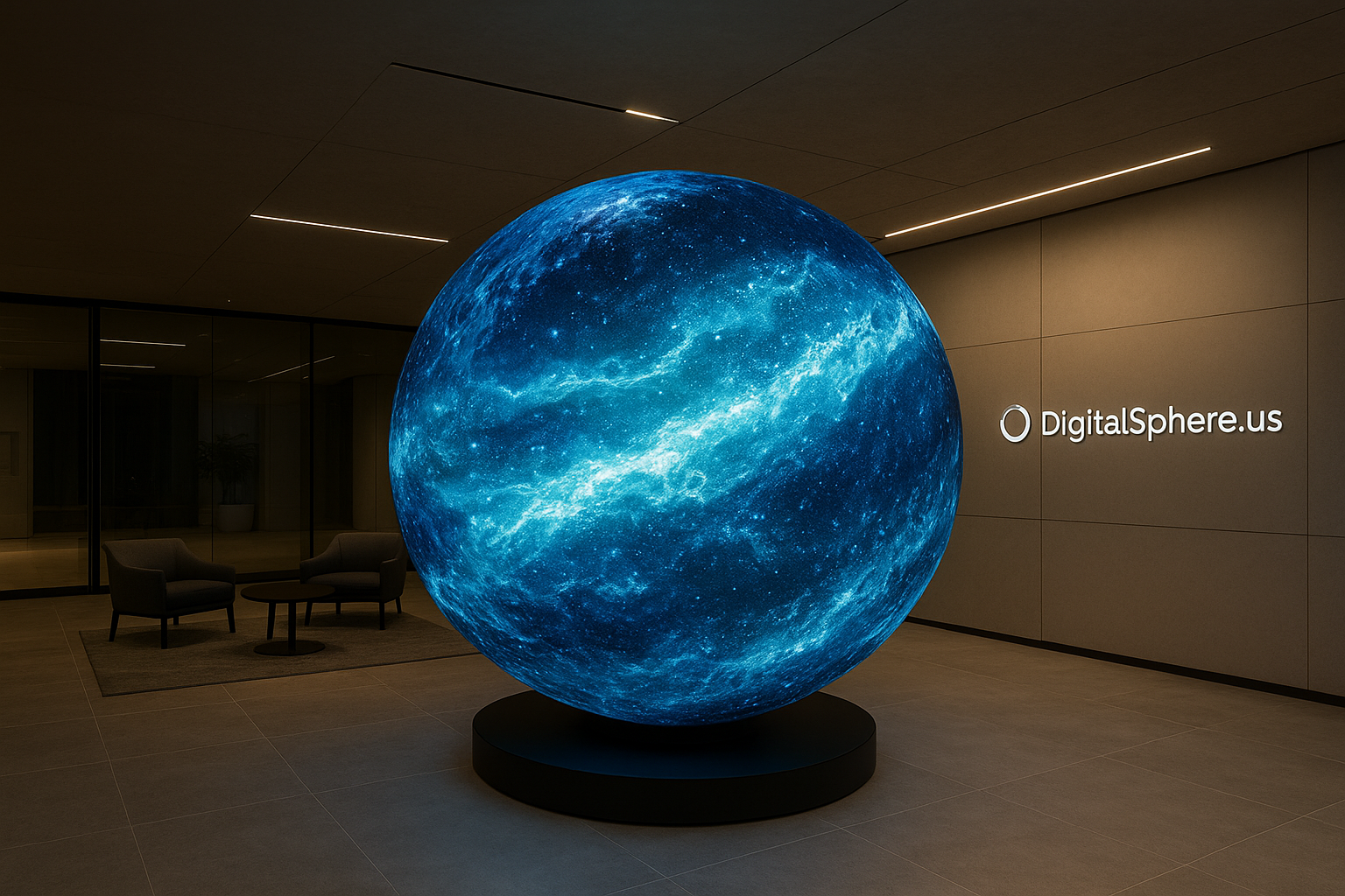 Commercial installation of a digital LED sphere displaying immersive visuals in a premium modern environment, with subtle DigitalSphere.us branding